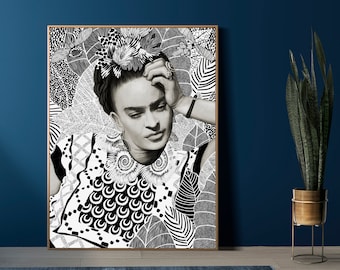 Mexican Icon Portrait Print, Black and White Modern Wall Art , Black and white Frida drawing (Digital Download)