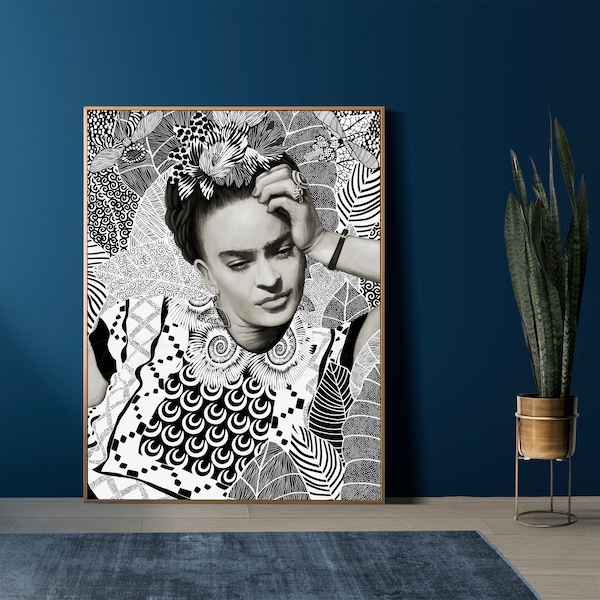 Impresión de retrato de ícono mexicano, arte mural moderno en blanco y negro, dibujo de Frida en blanco y negro (descarga digital)