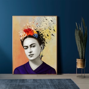 Downloadable Digital Image, Downloadable Kahlo portrait, Kahlo art; Mexican art, Modern Room decor, Birds, Surrealist Portrait Frida PRINT