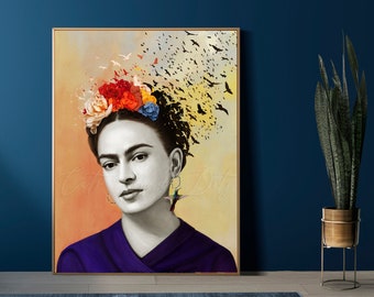 Colorful Woman Portrait, Mexican Icon, Folk Art, Kahlo Legacy, Surrealist art, Floral headband Frida, Boho, Eclectic (Digital Download)