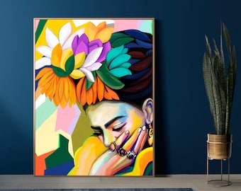 Colorful Woman Portrait, Mexican Icon, Mexican Folk Art Print, Kahlo Legacy, Floral headband Frida, Boho, Eclectic art (Digital Download)