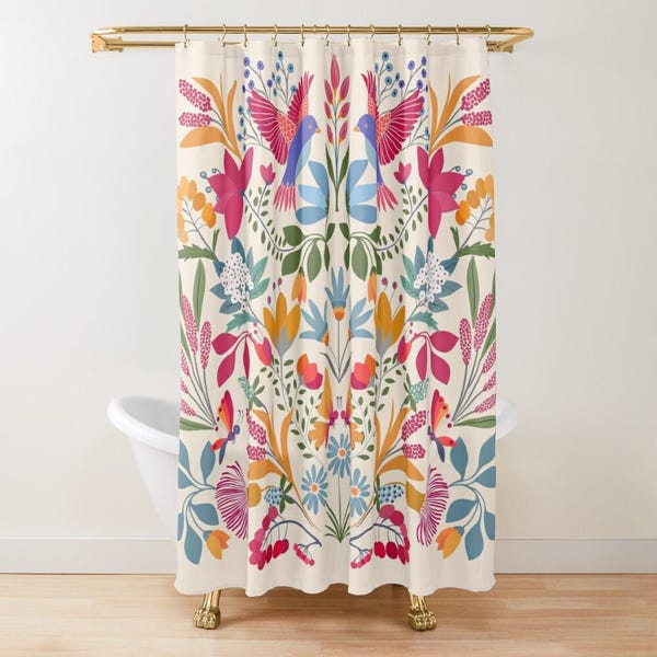 Cortina de ducha de poliéster con diseño floral otomí: colorido estilo mexicano