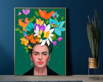 Colorful Woman Portrait, Mexican Icon, Folk Art, Kahlo Legacy, Surrealist art, Floral headband Frida, Boho, Eclectic (Digital Download)