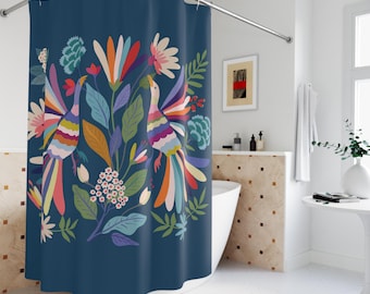Tenda Da Doccia Messicana Floreale Otomi 175x178cm - Stile Etnico Boho Con Ganci Inclusi - 6
