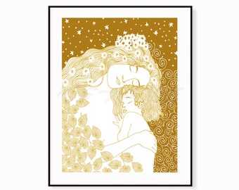 Downloadable Digital Print, Mother and Child, Inspired by Gustav Klimt , Mother's day, gift idea, motherhood, nursery decor, monochrome art
