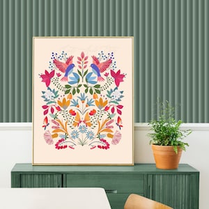 ダウンロード可能なデジタルプリント、メキシコの芸術、フリーダの庭、カラフルな花、装飾的なメキシコのオトミ、花のモチーフ、鳥、メキシコの壁画