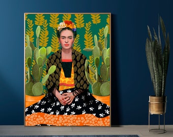 Mexican Icon Portrait Print, Mexican Folk Art, Modern Decor, Cactuses and Frida (Digital Download)
