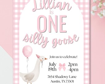 ONE Silly Goose 1st Birthday Invitation Template | Pink 1st Birthday | First Birthday Girl | Editable | Vintage Goose Birthday Invite | Cute
