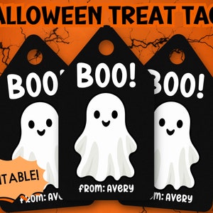 Ghost Boo Étiquette d’Halloween modifiable imprimable | Traiter l’étiquette du sac | Faveur de l’étiquette cadeau | Carte d'Halloween | Sac de cadeaux | Carte d’Halloween mignonne | École