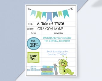Bookworm Birthday Invitation | Book Party | Storytime Invitation | Library Card Invitation | A Tale of Two