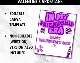 Retro Purple Printable Valentine | Editable | Friendship Era | Valentine Card | Treat Bag Tag | Class | Preppy | School | Taylor Swift