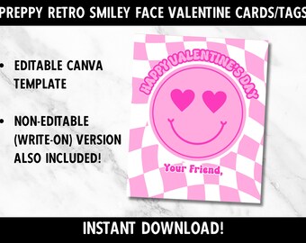 Retro Pink Smiley Face Printable Valentine | Editable | Pink Smiley Face Valentine Card | Treat Bag Tag | Class Valentine | Preppy | School