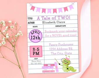 Editable Bookworm Birthday Invitation Girl – Soft Pink & Purple – Instant Download – Cute Book Theme Party Invite – Canva Template