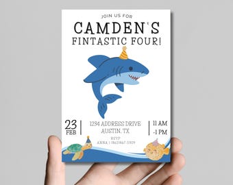 Shark Birthday Invitation | Fintastic Four Birthday | Editable Ocean Party Invite | Sea Animal Printable | 4th Birthday Instant Download