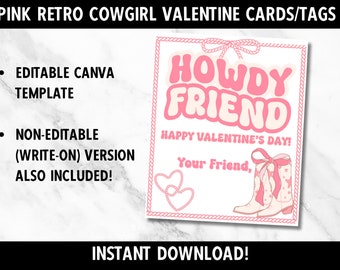 Retro Pink Rodeo Printable Valentine | Editable | Pink Cowgirl Boots Valentine Card | Treat Bag Tag | Class Valentine | Preppy | School