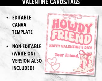 Retro Pink Rodeo Printable Valentine | Editable | Pink Cowgirl Boots Valentine Card | Treat Bag Tag | Class Valentine | Preppy | School