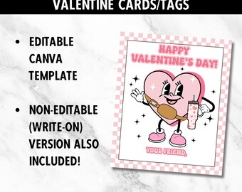 Retro druckbare Valentinstag | Bearbeitbar | Preppy | Valentinstag Karte | Leckerli-Taschenanhänger | Klasse | Schule | Lena | Zwischen Mädchen | Teenager | Herz