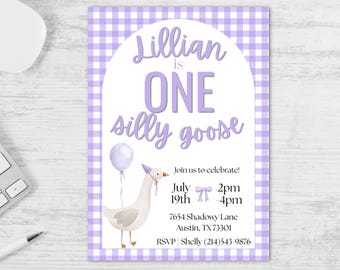 ONE Silly Goose 1st Birthday Invitation Template | Purple 1st Birthday | First Birthday Girl | Editable | Vintage Goose Birthday Invite