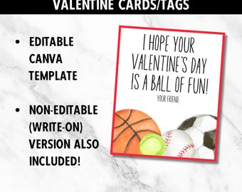 Sports Printable Valentine Card| Editable | Baseball | Treat Bag Tag | Class | Football | School | Basketball | Class Valentine Tennis Ball