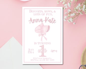 Editable First Birthday Invitation Girl | Bonnets Bows and Lots of Fun | Pink Printable Invite | 1st Birthday Instant Download