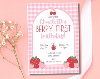 Berry First Birthday Invitation Girl – Strawberry Theme Party Invite – Editable Canva Template – Instant Download – Coquette 1st Birthday