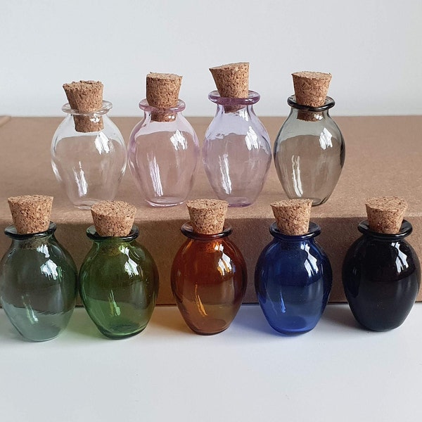 Set of 9 Miniature Coloured Glass Bottles With Corks 3cm