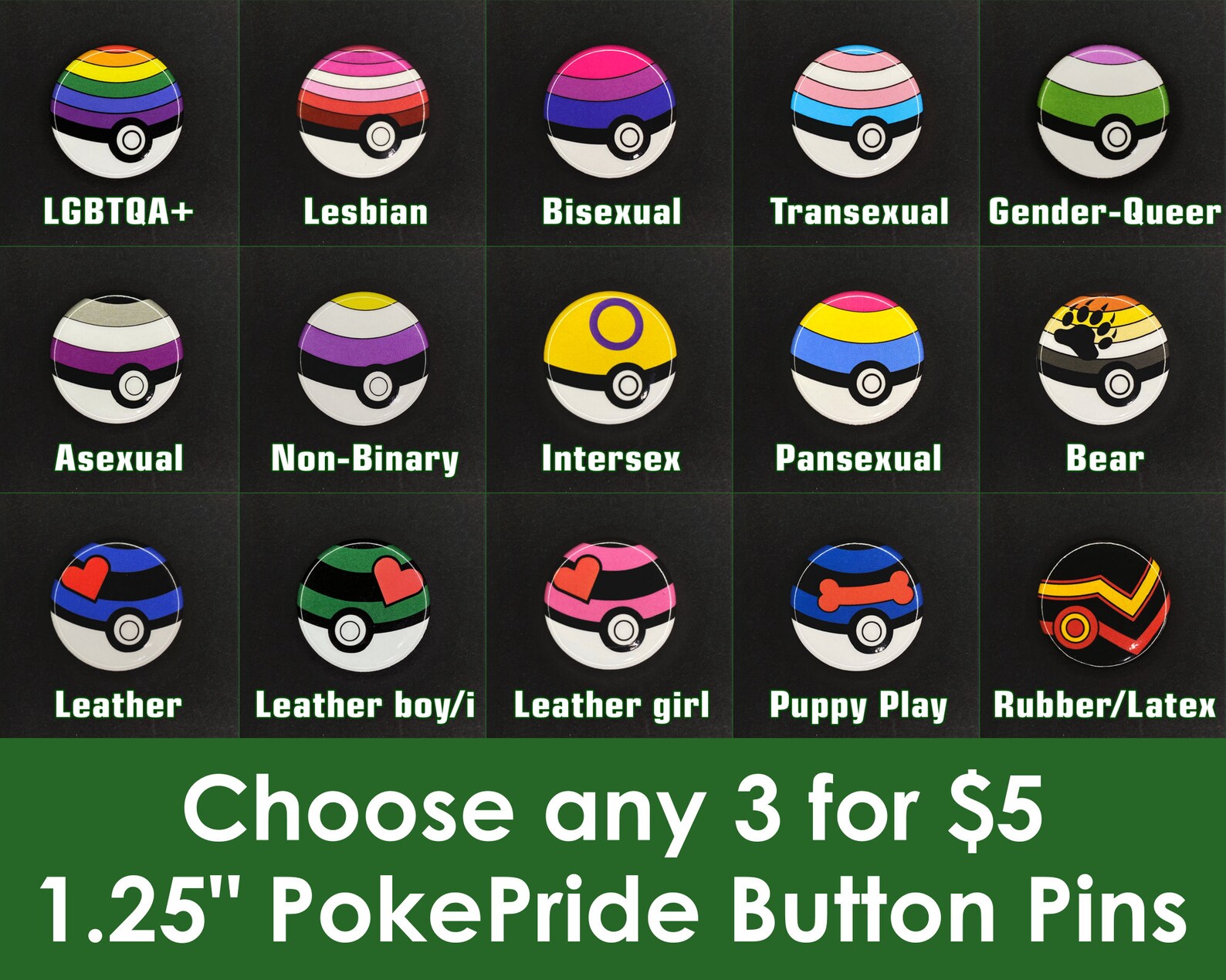 3Pack of PokéPRIDE Flag Button Pins YOU CHOOSE Etsy