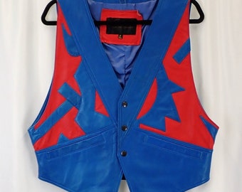 Vintage Sanzzini unisex biker chic vest, blue red genuine leather motorcycle vest, maximalist cowgirl fashion style, BeyHive festival outfit
