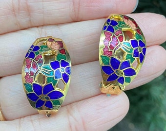 Vintage domed cloisonne earrings,gold tone clip on earrings, blue flowers and red butterflies, floral design, maximalist fashion accessory