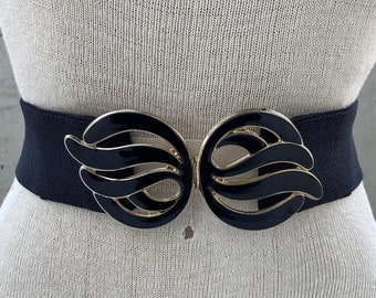 Vintage Black Elastic Belt, Abstract Enamel Buckle, Black  display picture 1
