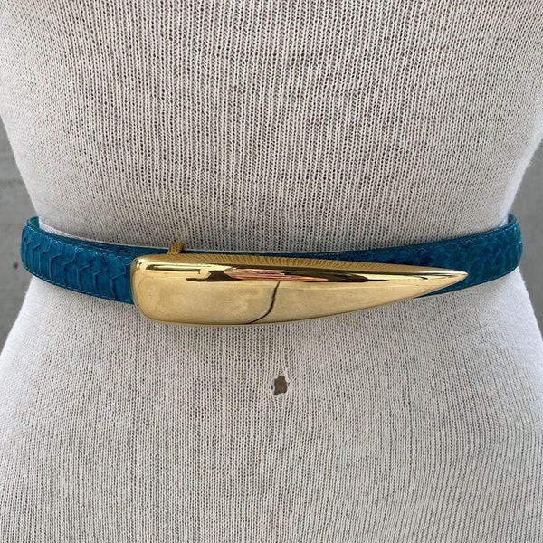 Vintage turquoise genuine snakeskin leather belt, 80s leather of the sea belt, teal skinny dress belt, mirror gold tone buckle, classy style