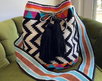 Y2K Colombian bucket bag, vintage crocheted crossbody, black and white chevron, neon accents, boho hippie handwoven bag, summer LARGE purse