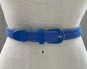 Vintage light blue braided stretch belt, 90s woven elastic belt, blue glossy buckle, yacht club accessories, academia aesthetic, preppy look