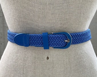 Cinturón elástico trenzado azul claro vintage, estilo años 90, hebilla azul brillante, accesorios de club náutico, estética académica, look preppy