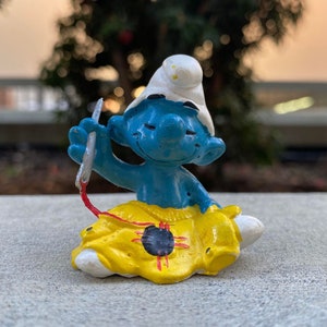 Vintage tailor Smurf sewing sweater, smurfs 20063 PVC figurine, vtg toy figurine, blue humanoid creature, good luck tailors gift, toy fans