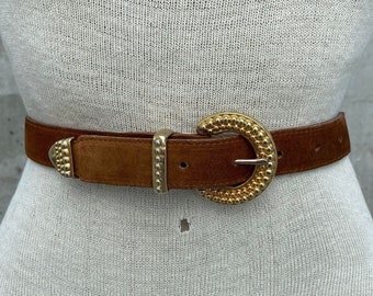 Vintage 1980s Omega belt, brown genuine suede belt, gold tone buckle, maximalist fashion statement, business attire, boho modern style