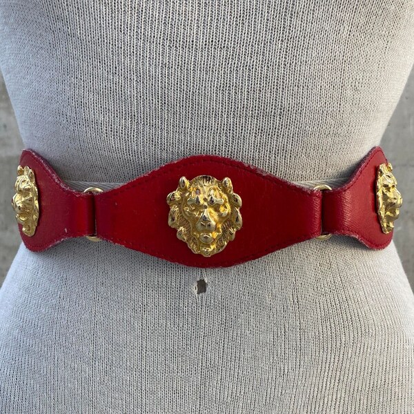 Vintage Ceinture Emmanuel belt, 80s red regal belt, gold tone lion heads decor, luxurious statement belt, maximalist fashion glamrock chica