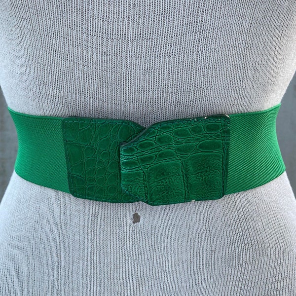 Vintage Milor belt, 80s green elastic belt, textured bonded leather tabs, tropical destination, maximalist resort wear, colorful fashion