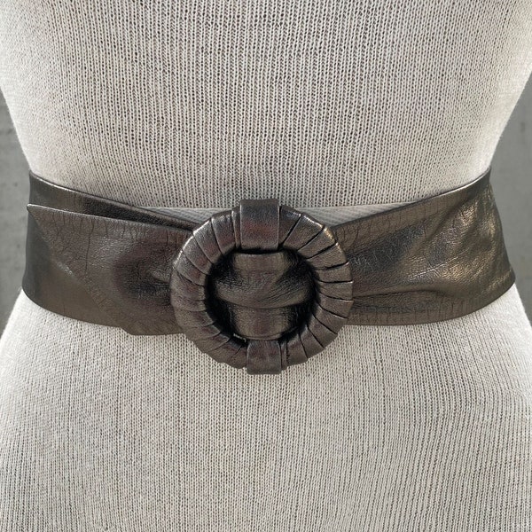 Vintage Ceinture Emmanuel belt, 80s metallic bronze leather belt, round covered buckle, high waist dress belt, androgynous glam rock fashion