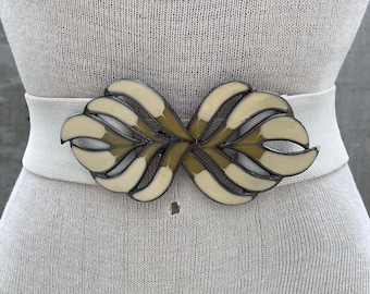 VTG Beige Floral Double Buckle Silver Plated Stretch Wms  display picture 3
