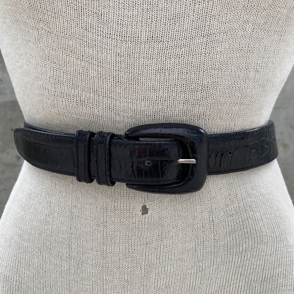 Vintage black reptile leather belt, 80s Karen Palmer for HOLT RENFREW belt, monochrome outfit, minimalist fashion, corporate look 1X