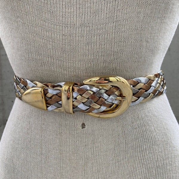 Vintage century canada braided belt, bronze gold and silver tone high waist belt, tricolor waistband, metallic dress belt, glam rock fashion