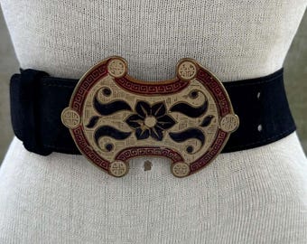 Vtg Lee Bernay Designs Suede Belt, Brass & Enamel Statement Buckle, 80s Designer Waist Belt, Black Suede Cincher, Art Deco Boho Luxe Fashion