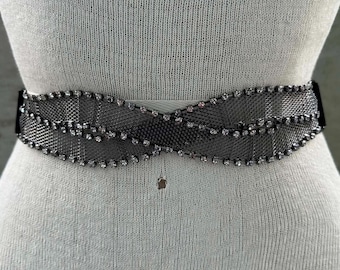 90s black elastic belt, crossover mesh with rhinestones waistband, bridal sash, costume jewelry, stage accessories, glam goth aesthetic