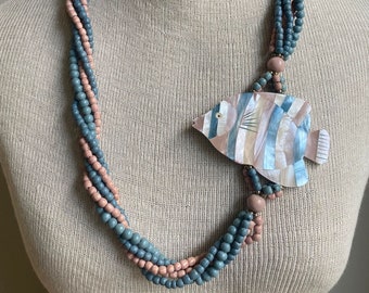 70s unsigned Lee Sands necklace, vintage costume jewelry, mother of pearl inlay fish, light blue and light pink beads, resort wear accessory