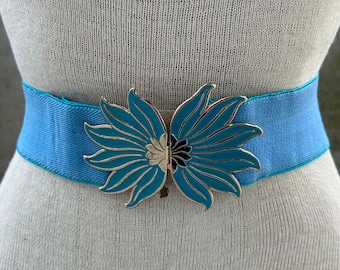 80s Turquoise Enamel Lotus Flower Buckle, Silver Trim Floral Buckle, Statement Fashion Accessory, BUCKLE ONLY