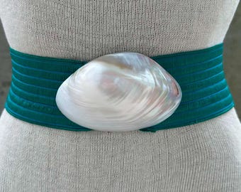 80s teal elastic belt, oyster white iridescent seashell buckle, mermaid style, under the sea fashion statement, beach resort wear,stage accs