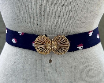 80s navy blue fabric belt, leaves silk waistband, gold tone seashell buckle, maximalist statement belt, stage accessories, feminine chic