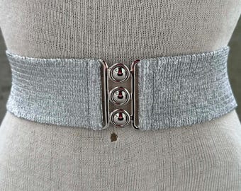 Vtg Malco Modes elastic belt, silver metallic waistband, triple hook and eyelet metal buckle, pin up girl accessories, spacecore aesthetic