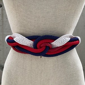 70s Gutos W Germany rope belt, gutos modele depose, vintage blue red white belt, twisted rope belt, red leather, american woman fashion belt